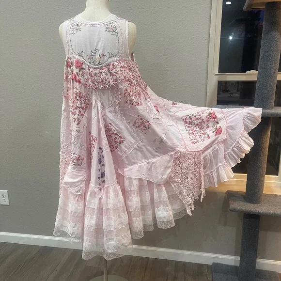 Pink Upcycled Boho Shabby Chic High Low  Dress with  Ruffles & Appliqués, Size M - Picture 9 of 13